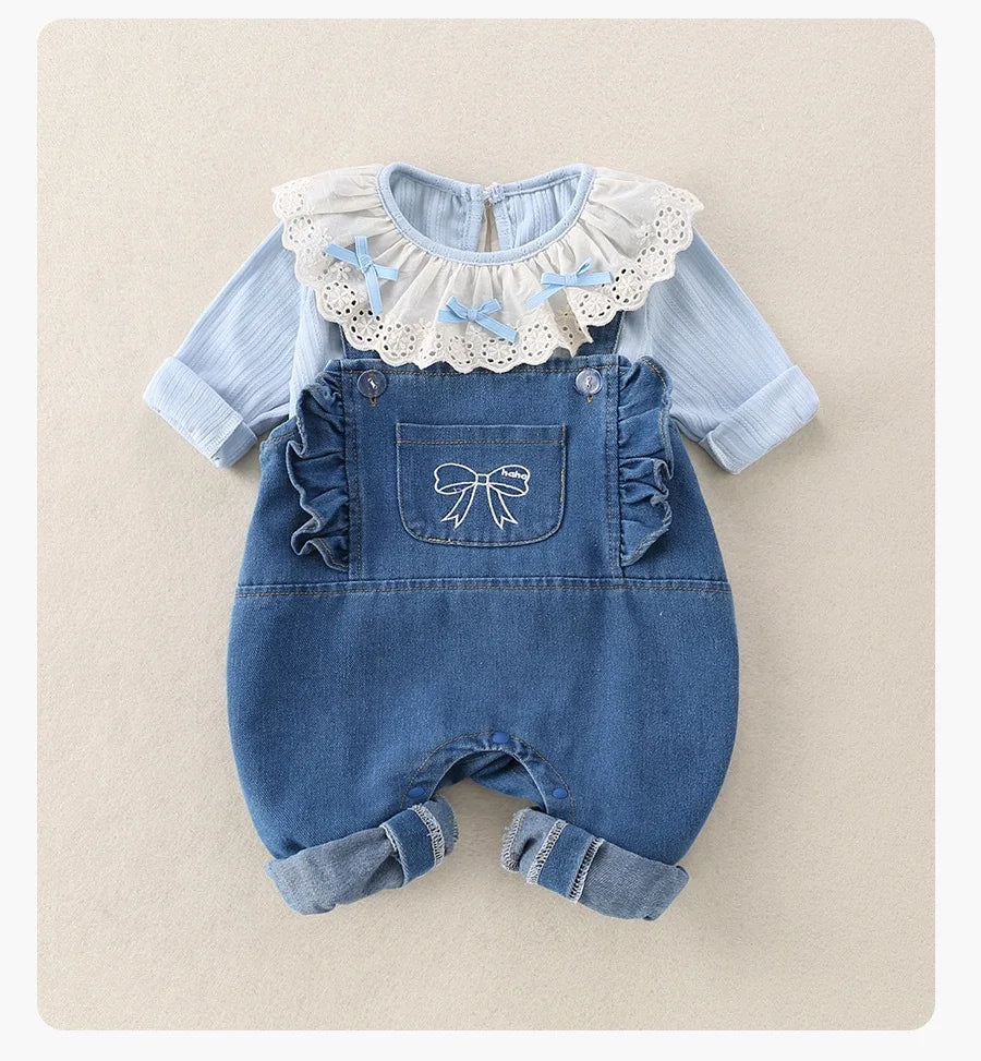 Conjunto de 2 piezas de lujo coreano para niña, conjunto de camiseta y camiseta a la moda con cuello de encaje, pelele elegante de Estilo Princesa, traje de otoño