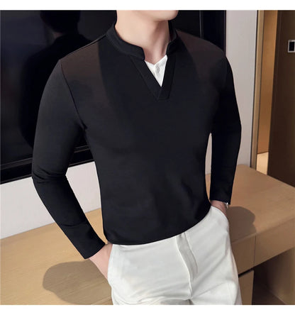 Camiseta elástica falsa de 2 piezas con empalme a la moda coreana, camiseta básica de manga larga con cuello en V ajustada para hombre, camisetas versátiles de Color sólido
