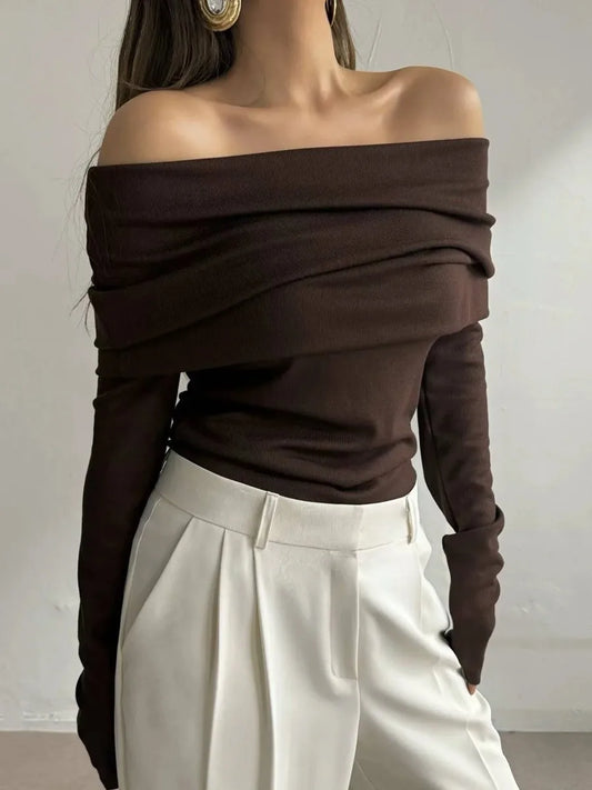Suéter de punto para mujer con hombros descubiertos, top de manga larga, jersey, ropa de otoño-invierno en rojo, gris, marrón y blanco