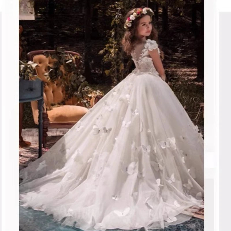 Vestido de fiesta de princesa largo blanco para niñas con tren para actuación de Piano vestido Formal de desfile de cumpleaños de boda para niñas de flores