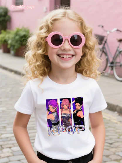 Nueva Camiseta de Verano para Niñas, Cuello Redondo, Algodón Puro, Estilo Casual, Linda Camiseta de Anime de Manga Corta, Suave, Ropa para Niñas