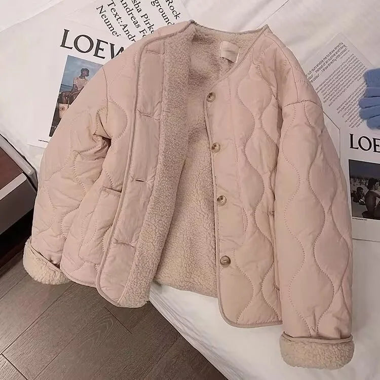Chaqueta de algodón gruesa con forro de piel de cordero para mujer, ropa de abrigo para primavera y otoño, estilo informal, c...