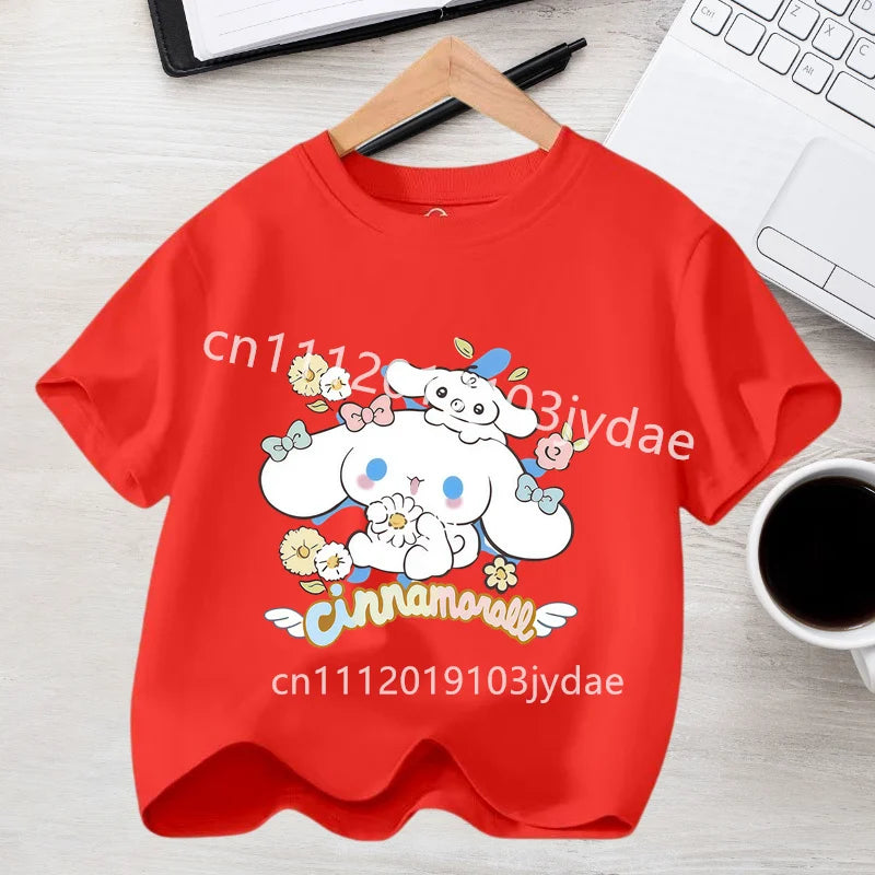 Camiseta de Manga Corta para Niños, Estilo Urbano, Verano 2026, Ropa Casual, Regalo Kawaii, Linda Camiseta de Cinnamoroll para Niña, Camiseta de Algodón con Estampado de Anime