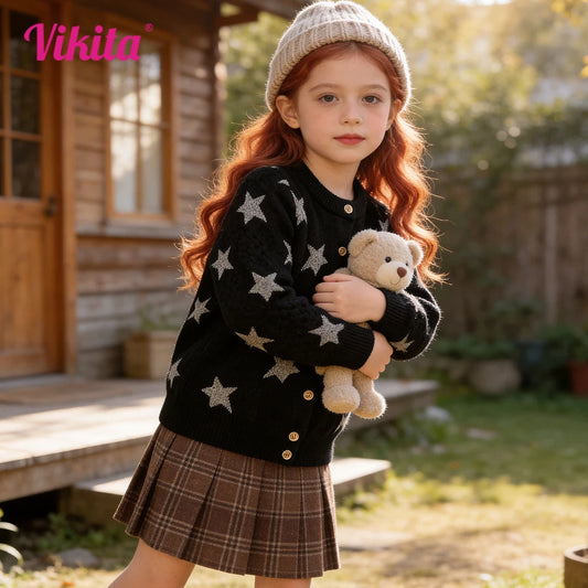 VIKITA-cárdigans de estrella plateada para niños pequeños, cuello redondo, botón, brillante, informal, diario, escuela, calle, suéteres negros geniales, trajes