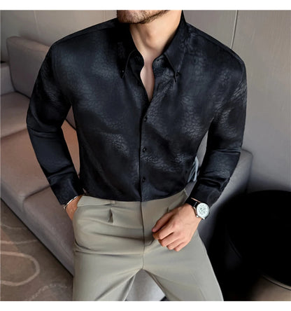 Camisa de manga larga de seda de imitación para hombre, camisa informal estampada de Color degradado a la moda, ropa Social de negocios, ropa de calle para hombre