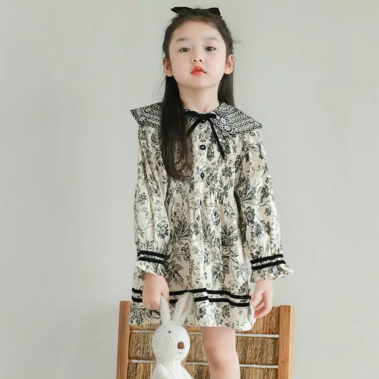 Vestido de primavera y otoño para niñas, vestido bordado Floral de manga larga a la moda, vestido elegante de otoño con cuello Peter Pan