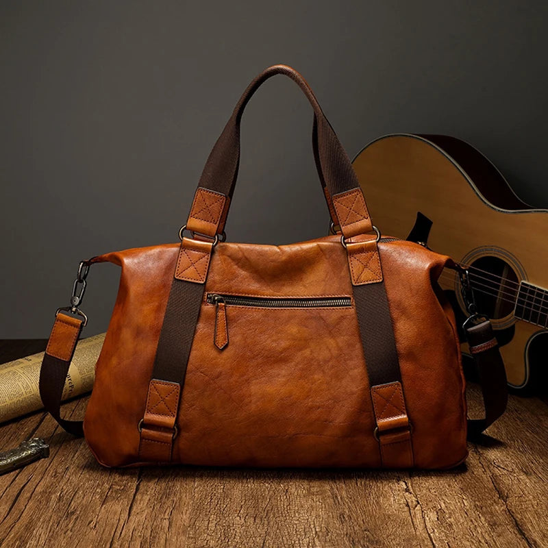 Bolso de viaje para hombre, bolso de equipaje de cuero genuino para hombre, mochila de viaje Vintage, bolsos grandes de cuero de vaca duradero para fin de semana para hombre # Co