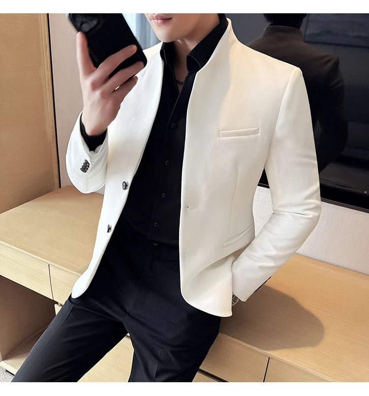 Chaqueta de traje con cuello levantado de alta calidad para hombre, chaquetas de negocios informales, abrigo coreano con gofres para boda, novio, banquete, vestido de fiesta, 2025
