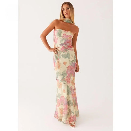 Vestido Largo Floral para Mujer – Strapless, Con Pañuelo a Juego y Diseño Sofisticado