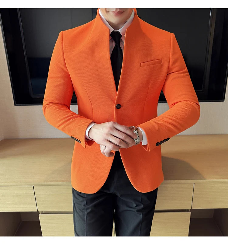 Chaqueta de traje con cuello levantado de alta calidad para hombre, chaquetas de negocios informales, abrigo coreano con gofres para boda, novio, banquete, vestido de fiesta, 2025