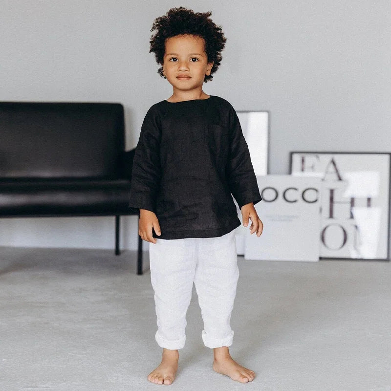Camisa de lino para niño, camisetas de manga larga de algodón y lino de cuello redondo de estilo rústico con bolsillo, color liso, novedad de primavera, TZ410