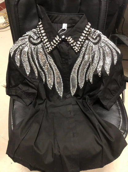 Blusas de Algodón con Cuentas y Lentejuelas Bordadas, Fotos Reales, Camisas de Mujer, Verano 2026, Manga Corta, Tops de Oficina para Dama, Camisas de Mujer
