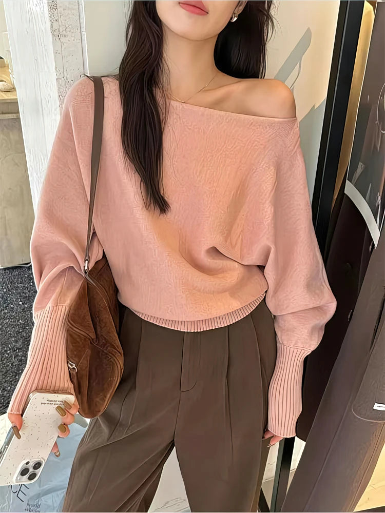 Jersey de punto de manga larga con alas de murciélago para mujer, Top grueso con hombros descubiertos de 300g, suéter de moda coreana, prendas de vestir informales holgadas de otoño