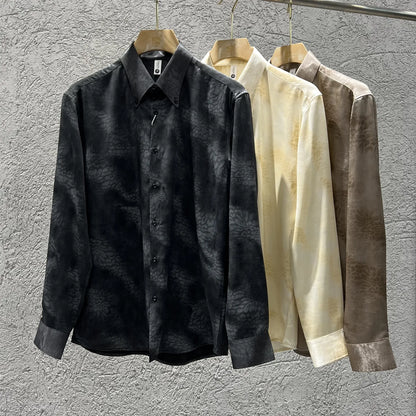 Camisa de manga larga de seda de imitación para hombre, camisa informal estampada de Color degradado a la moda, ropa Social de negocios, ropa de calle para hombre