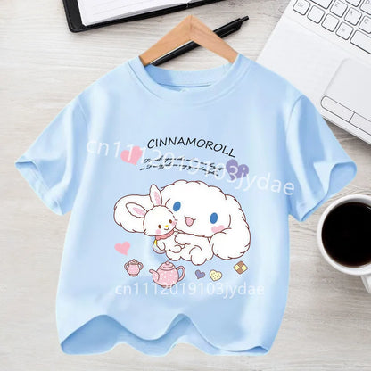 Camiseta de Manga Corta para Niños, Estilo Urbano, Verano 2026, Ropa Casual, Regalo Kawaii, Linda Camiseta de Cinnamoroll para Niña, Camiseta de Algodón con Estampado de Anime