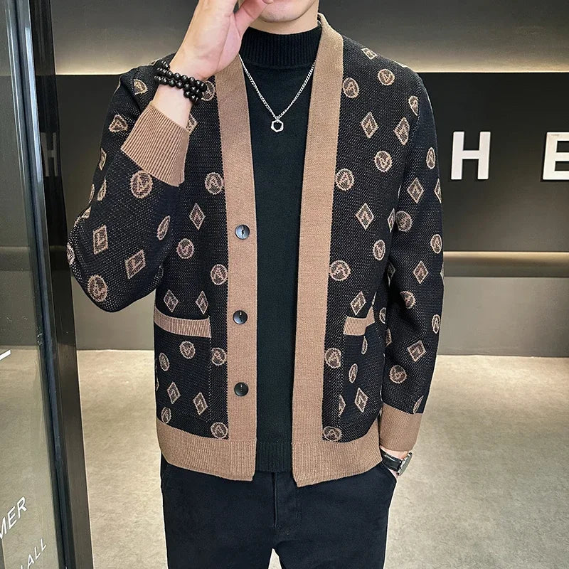 Cárdigan de punto de Jacquard para hombre, chaquetas informales de negocios, abrigos con botones, ropa de M-4XL, otoño