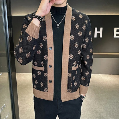 Cárdigan de punto de Jacquard para hombre, chaquetas informales de negocios, abrigos con botones, ropa de M-4XL, otoño