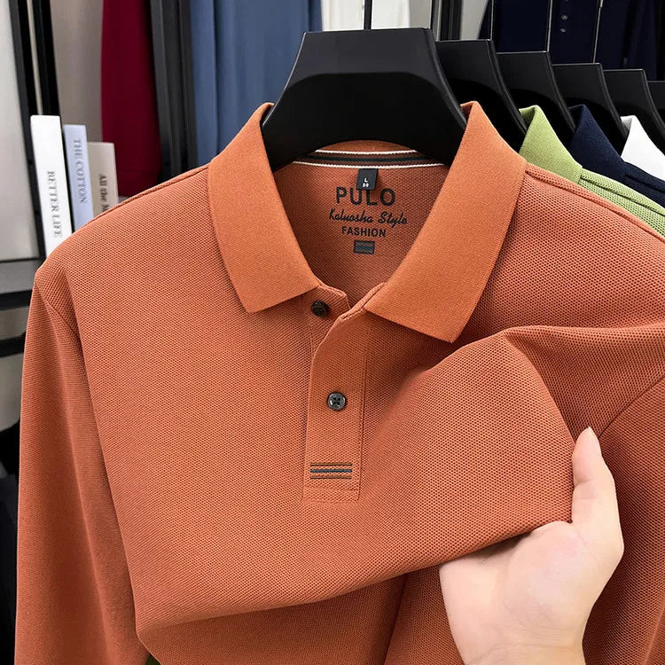Polo de manga larga de otoño 2025 para hombre, 100% algodón transpirable, estilo informal de negocios con cuello de algodón clásico