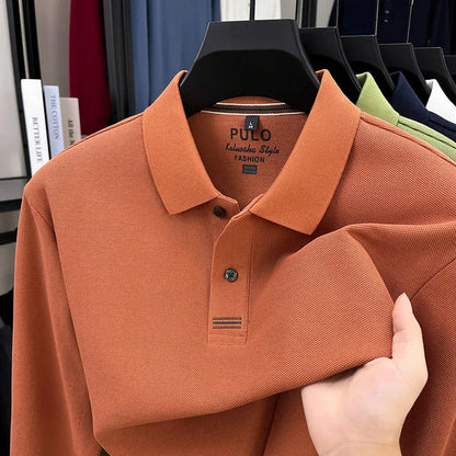 Polo de manga larga de otoño 2025 para hombre, 100% algodón transpirable, estilo informal de negocios con cuello de algodón clásico
