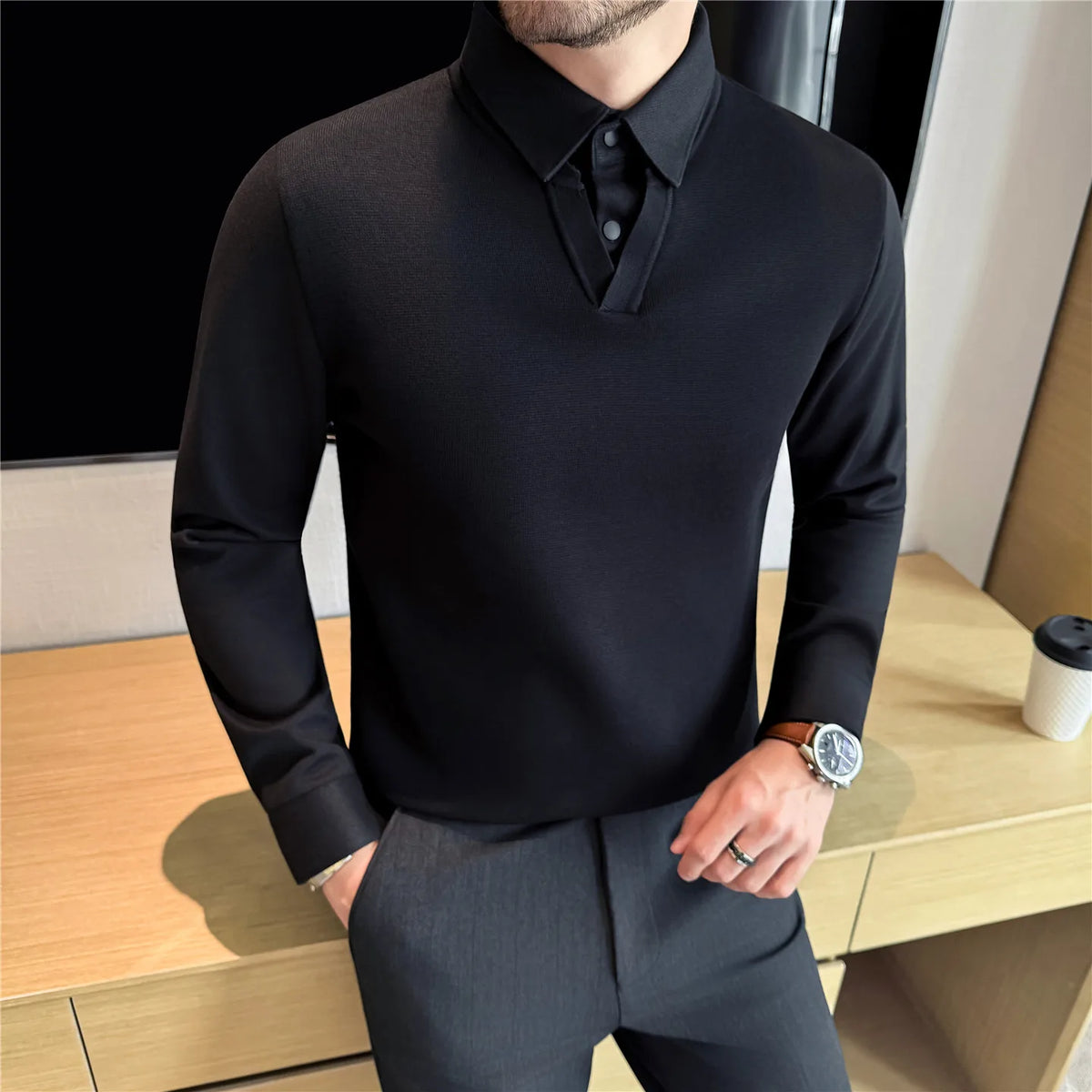 Suéter de punto de alta calidad para hombre, camisa de lana gruesa con cuello empalmado, suéteres con cuello en V, suéter de punto de dos piezas para Otoño e Invierno