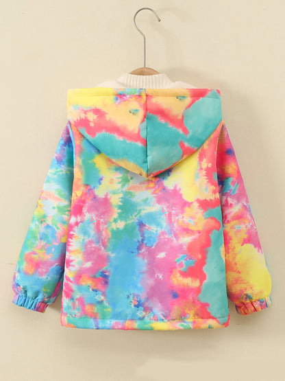 New Winter Girls Jacket Tie Dye Fashion Keep Warm Little Princess Coat Hooded Zipper Girls Outerwear Birthday Gifts Kids Clothes