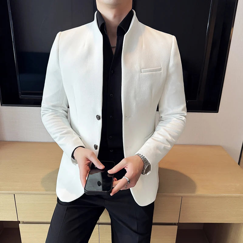 Chaqueta de traje con cuello levantado de alta calidad para hombre, chaquetas de negocios informales, abrigo coreano con gofres para boda, novio, banquete, vestido de fiesta, 2025