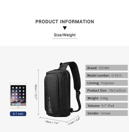 OZUKO-Bolso bandolera informal con carga USB para hombre, bandolera multifunción, bandolera antirrobo, bolso impermeable para hombre