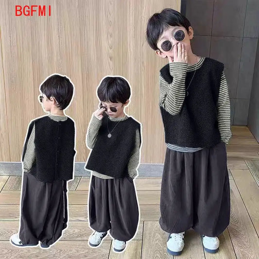 Conjunto de 3 uds de camiseta a rayas para niños, chaleco, abrigo, pantalones, traje de 1 a 6 años, conjunto de traje para niño, prendas de vestir informales de moda, ropa de primavera y otoño