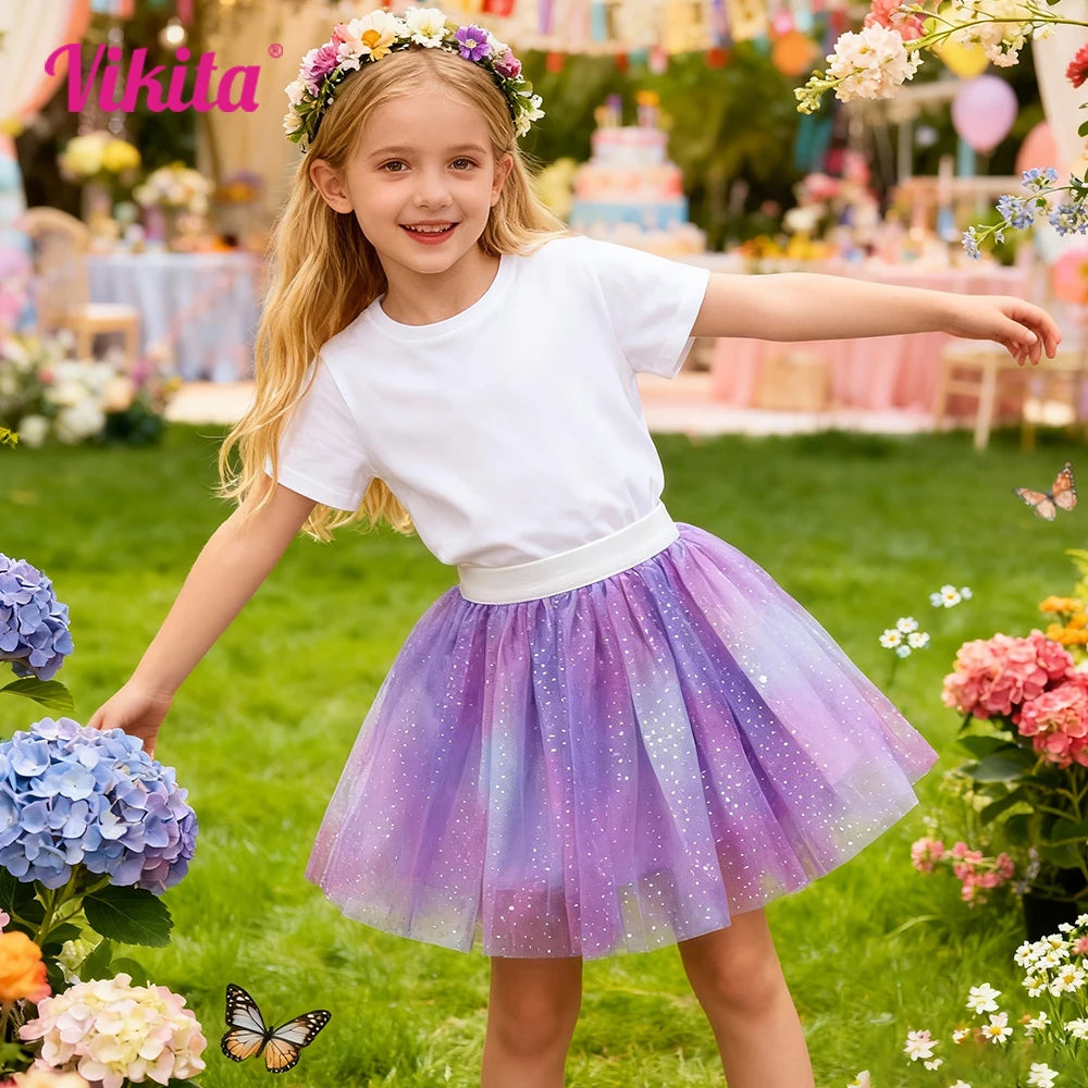 VIKITA, minifalda de malla de tul púrpura degradado con purpurina para niñas, fiesta de cumpleaños para niños, princesa, ropa informal diaria, falda esponjosa brillante