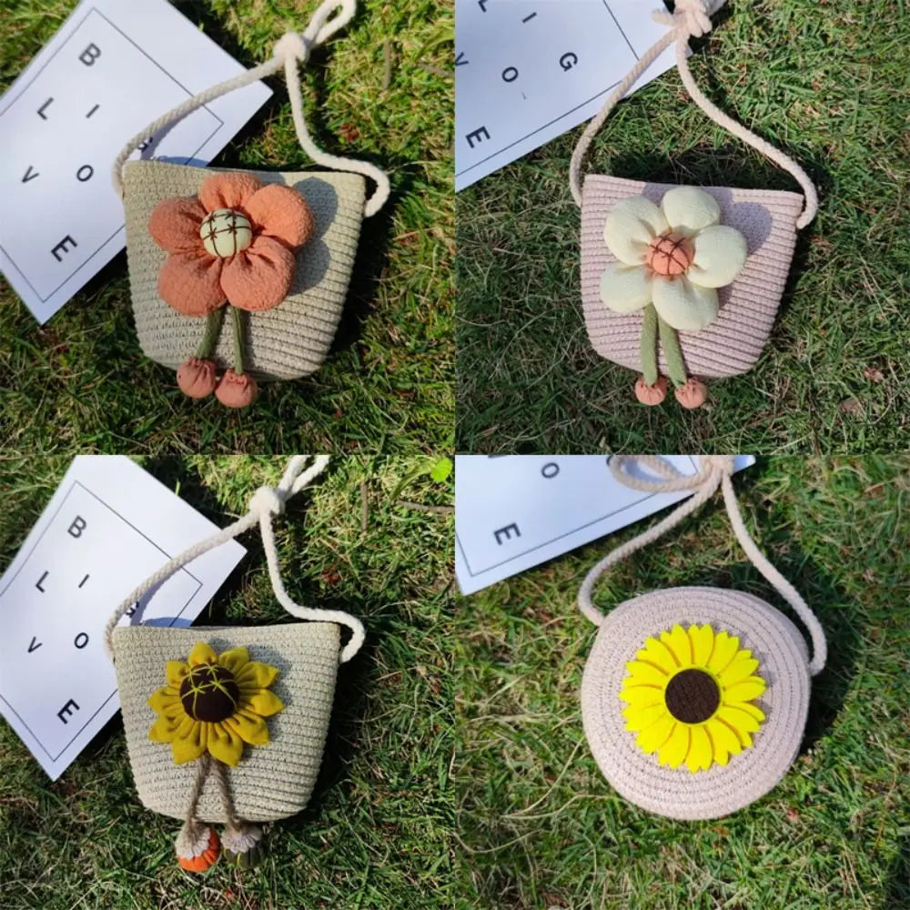 Bolso de hombro hecho a mano para niños y niñas, con flores bandolera de paja, monedero para llaves, Mini bolso de princesa