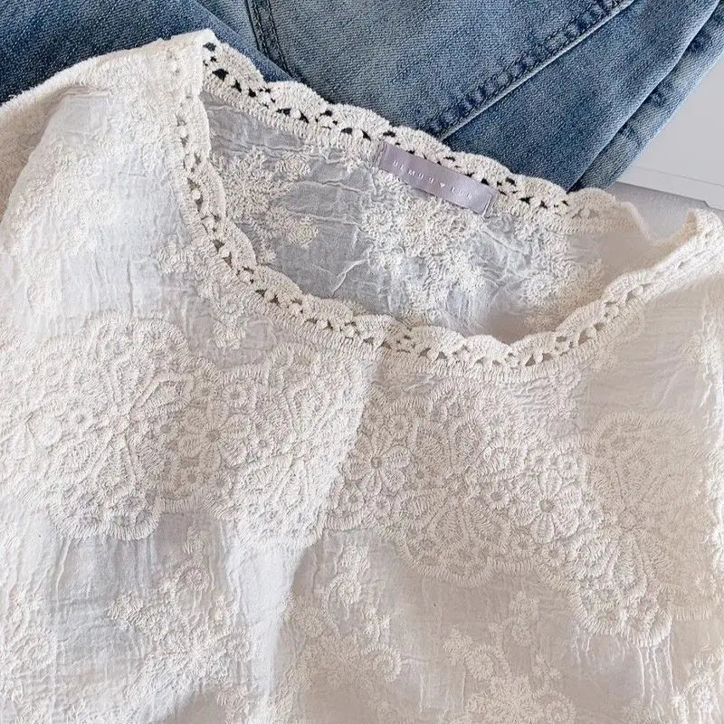Blusas de algodón de primavera para mujer, camisas elegantes de manga larga caladas con encaje de ganchillo