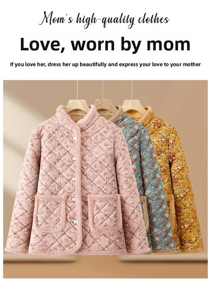 Chaqueta de algodón con estampado floral y forro polar grueso para mujeres de mediana edad y mayores, ropa de abrigo cálida p...