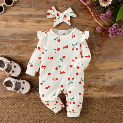 2025 lindos mamelucos para niñas prendas de vestir de manga larga monos de cereza con estampado para recién nacidos dos piezas primavera otoño para 0-1 años