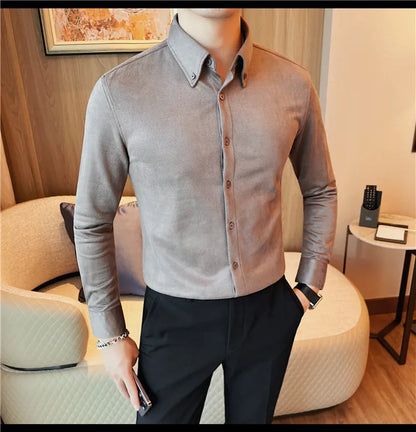 Camisa de ante de alta calidad para hombre, camisas de negocios informales de manga larga para otoño e invierno, blusa de esmoquin para fiesta Social, ropa para hombre 2023