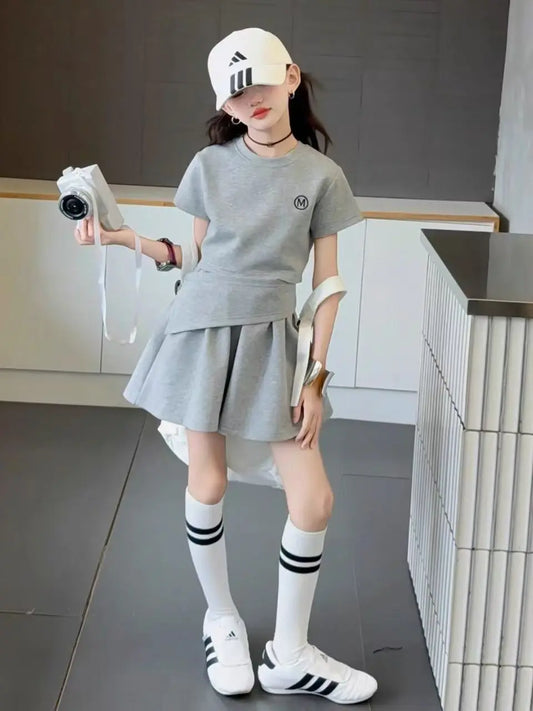 Conjunto de Dos Piezas de Verano para Niñas al Estilo Coreano, Top de Manga Corta y Falda Midi Deportiva, Transpirable y ...