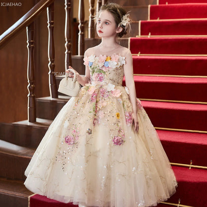 Vestido de fiesta de estilo francés para niñas con flores para el pequeño presentador Piano Recital flor niña boda niños vestido de desfile vestidos