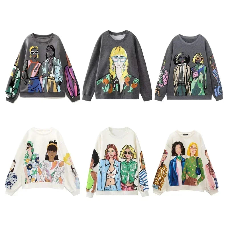 Sudaderas para mujer, novedad de 2023, sudaderas informales con estampado de felpa de algodón a la moda para niñas, sudaderas con cuello redondo para mujer, jerséis elegantes, Tops