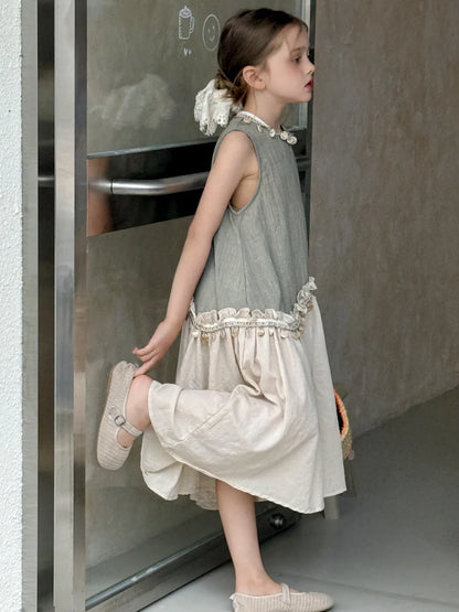 Dulce vestido para niñas verano 2025 nueva moda para niños temperamento Color contrastante vestido bohemio tendencia