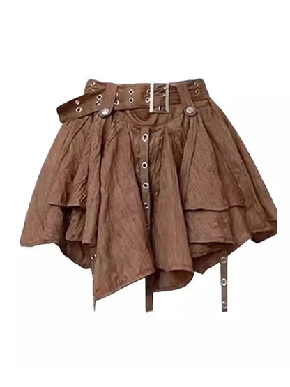 Minifalda plisada irregular de cintura alta con lazo, estilo western posapocalíptico, a cuadros marrones, para mujer, verano ...