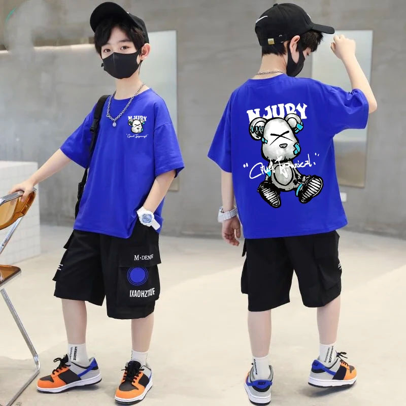 Camiseta de manga corta con estampado de oso de dibujos animados de verano para niños y niñas, camiseta 100% de algodón puro
