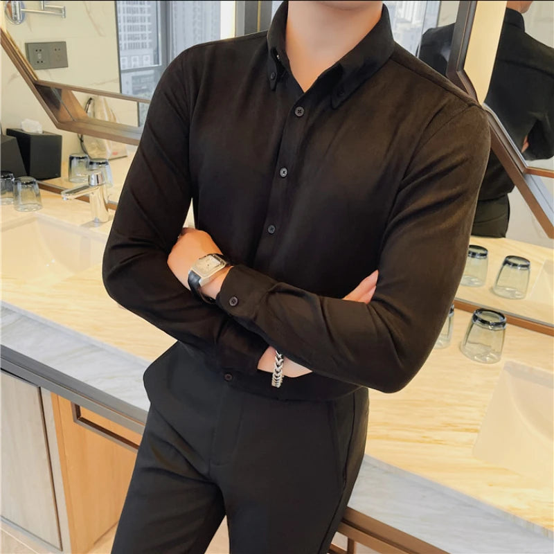 Camisa de ante de alta calidad para hombre, camisas de negocios informales de manga larga para otoño e invierno, blusa de esmoquin para fiesta Social, ropa para hombre 2023