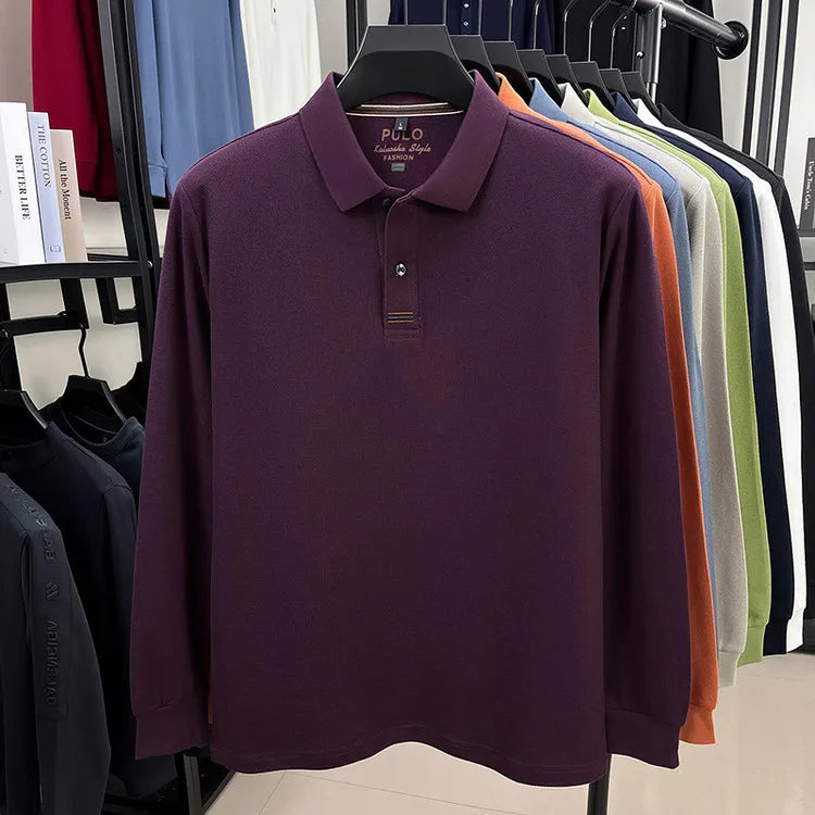 Polo de manga larga de otoño 2025 para hombre, 100% algodón transpirable, estilo informal de negocios con cuello de algodón clásico