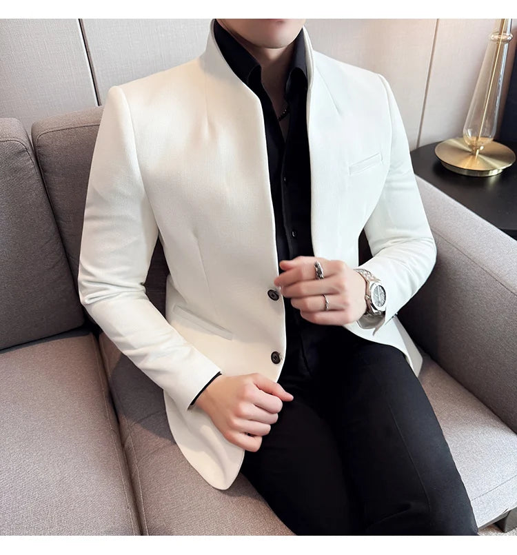 Chaqueta de traje con cuello levantado de alta calidad para hombre, chaquetas de negocios informales, abrigo coreano con gofres para boda, novio, banquete, vestido de fiesta, 2025