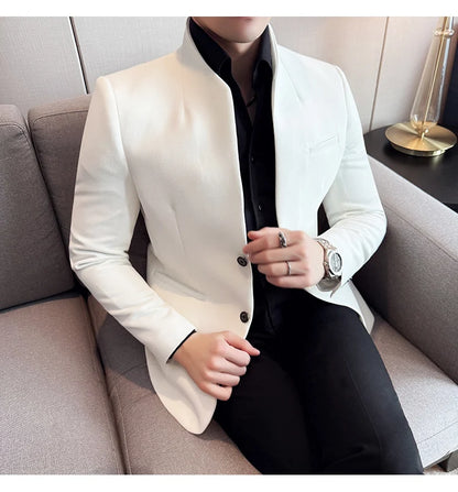 Chaqueta de traje con cuello levantado de alta calidad para hombre, chaquetas de negocios informales, abrigo coreano con gofres para boda, novio, banquete, vestido de fiesta, 2025
