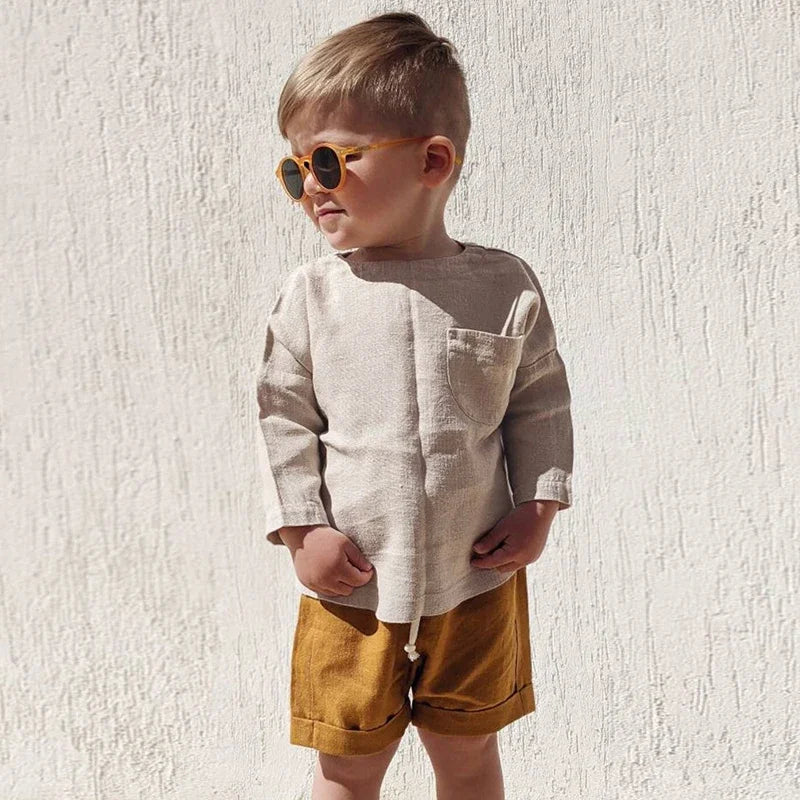 Camisa de lino para niño, camisetas de manga larga de algodón y lino de cuello redondo de estilo rústico con bolsillo, color liso, novedad de primavera, TZ410