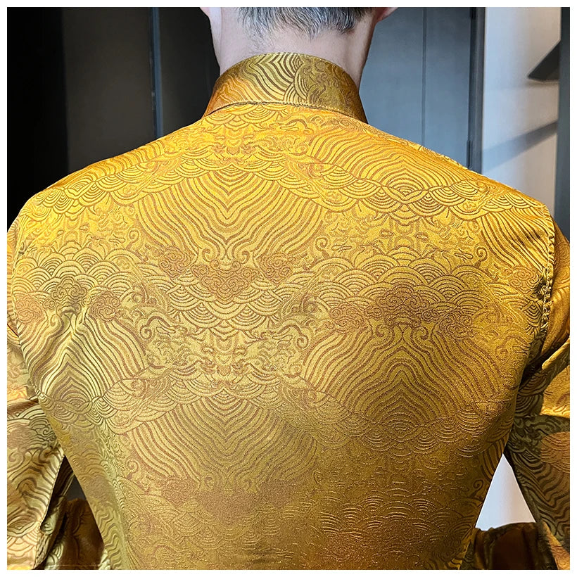 Camisas estampadas de manga larga con cuello levantado para primavera y otoño, camisa informal de moda para hombre de estilo chino Formal Social de negocios