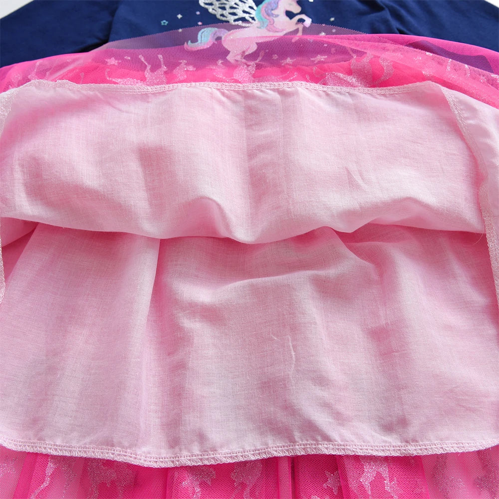 VIKITA-vestido de manga larga para niñas, azul marino, rosa, estampado de unicornio brillante, malla de tul, fiesta de fantasía, vestido elegante informal de princesa