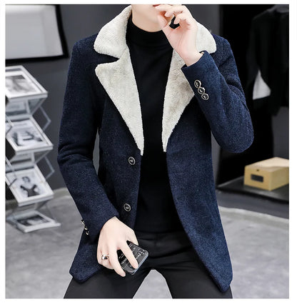 Chaquetas de lana de invierno coreanas para hombres, chaqueta de mezcla de lana gruesa de felpa con solapa, gabardina larga informal de negocios, abrigo de calle