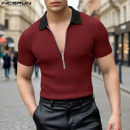 INCERUN-Camisa de punto para hombre, con solapa de retales, manga corta, cremallera, ropa para hombre, Tops, ropa de calle de verano, Camisas de moda con bloques de color