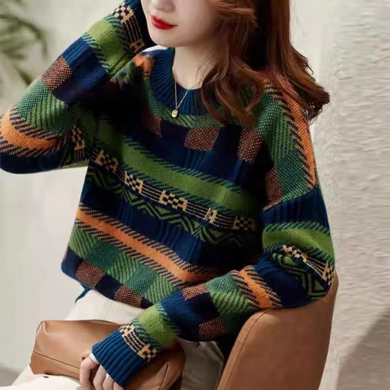Suéter de Lana Tejido para Otoño/Invierno, Cuello Redondo, Capa Base, Prenda Exterior para Mujer, Manga Larga, Corte Regular,...